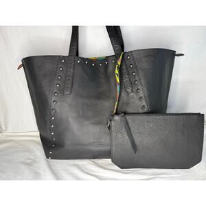 NWOT Liebeskind Berlin Black Leather Studded Reversible Colorful Camo Tote Bag